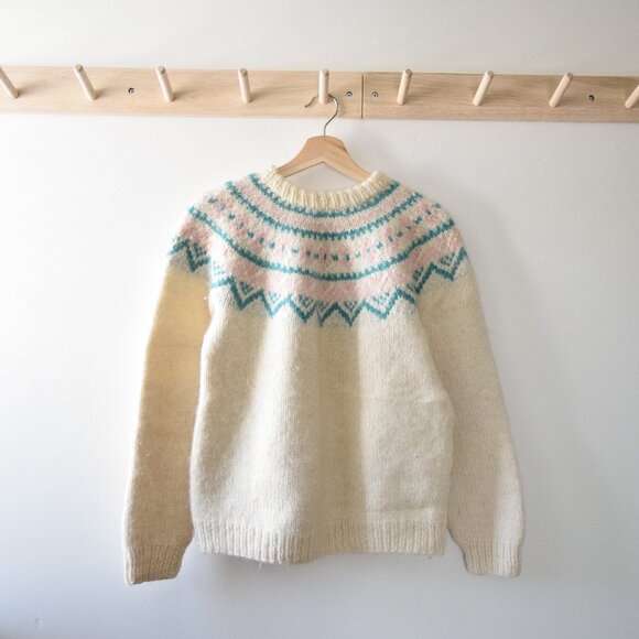 Hand Crafted Sweaters - Hand Crafted Cream Sweater with Pink and Blue Accents